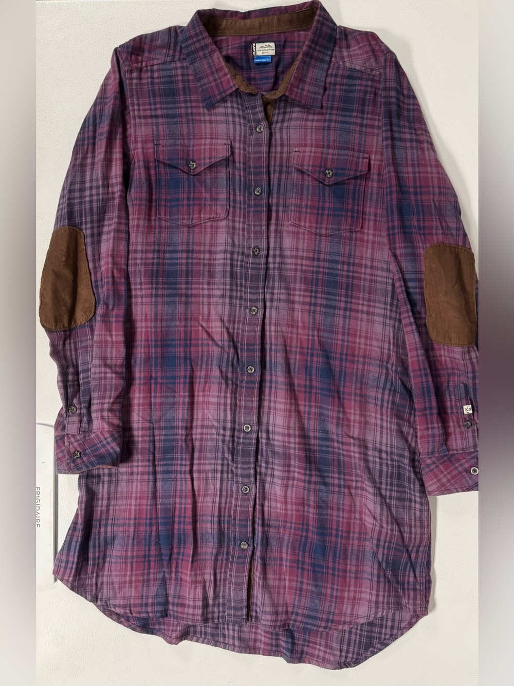 Kavu Jurnee Dress Purple Plaid Flannel Button Up Elbow Patch Cotton Corduroy L